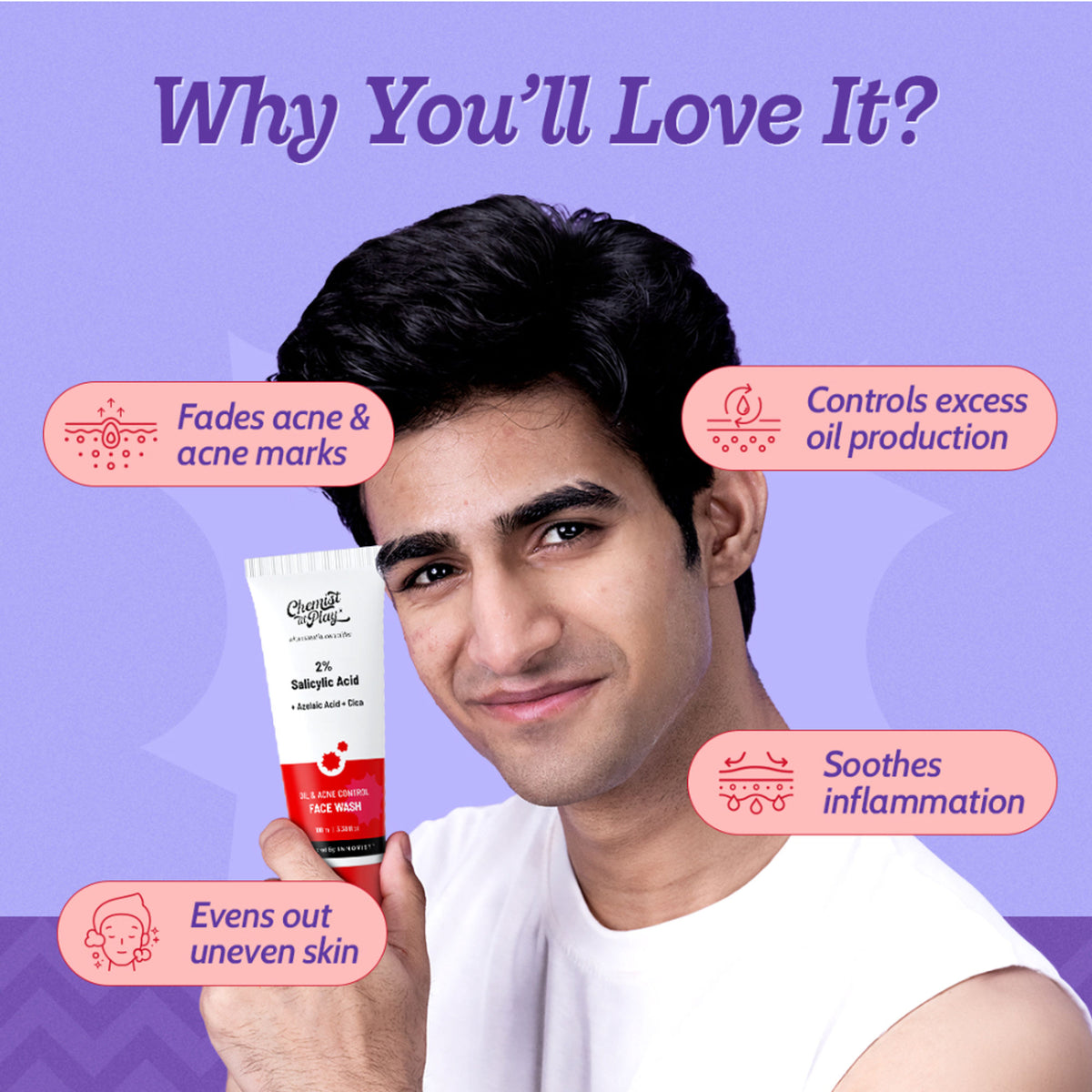 Chemist at Play 2% Salicylic Acid face wash with niacinamide, oil-control cleanser for oily skin, in a clear pump bottle.