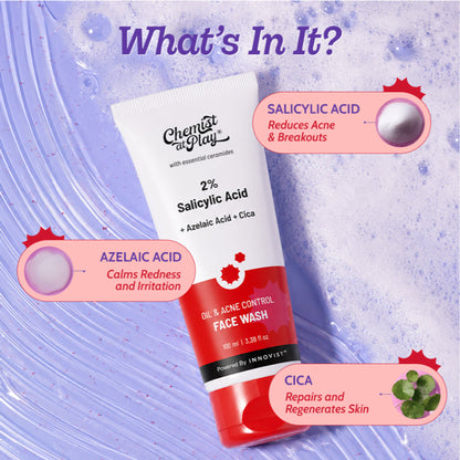 Chemist at Play 2% Salicylic Acid Face Wash for oily skin with niacinamide, gentle oil cleanser for clear, refreshed skin