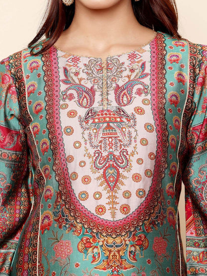 Dhiyona VA Women'sEthnic Motifs Printed Chanderi Silk Tunic With Trousers