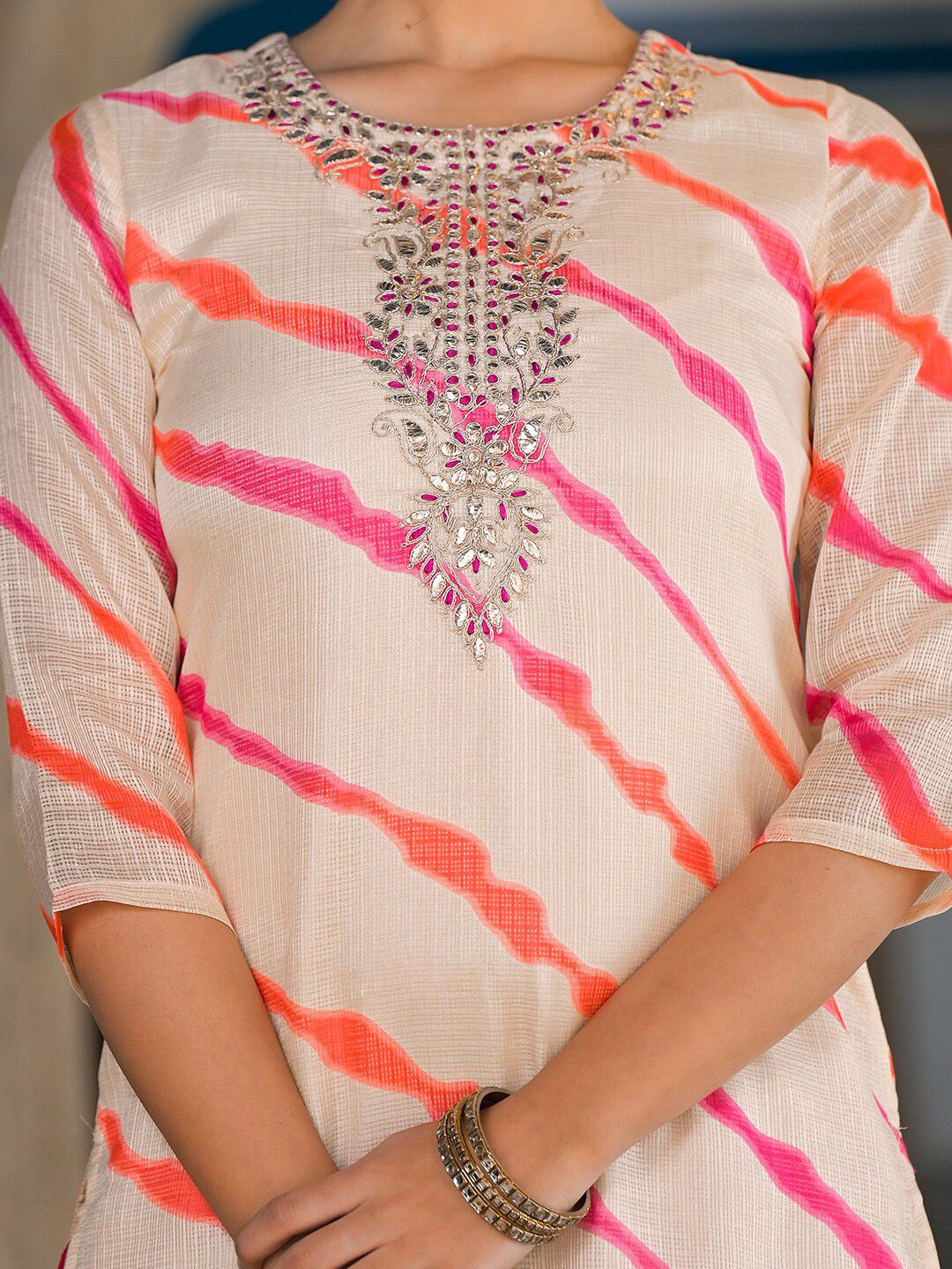 Indyancart VA Women's Bandhani Dyed Regular Gotta Patti Kurta with Trousers & With Dupatta
