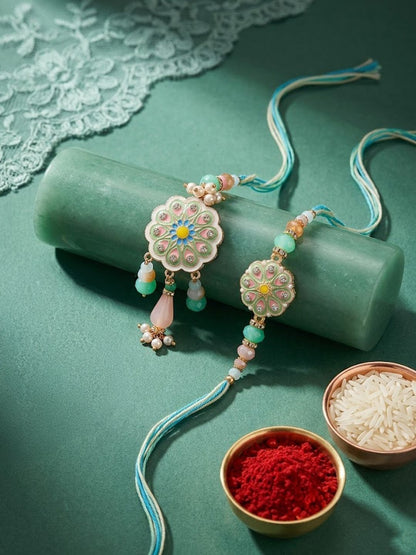 Anouk Set Of 2 Round Artificial Beads Traditional Bhaiya Bhabhi Rakhi With Roli Chawal