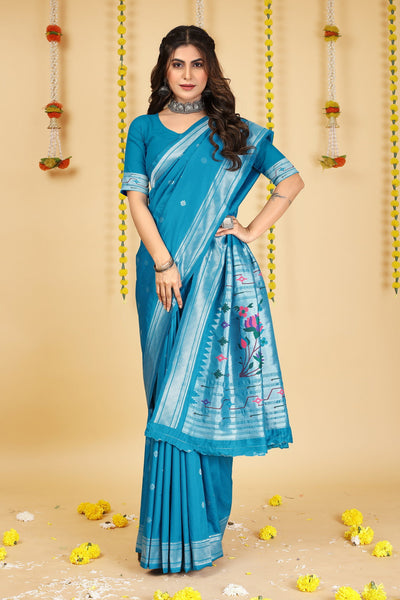Indyancart GR Women's Mastani Cyan Blue Zari Paithani Silk Saree