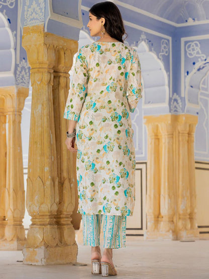 Indyancart VA Women'sFloral Printed Regular Beads and Stones Kurta with Trouser & Dupatta