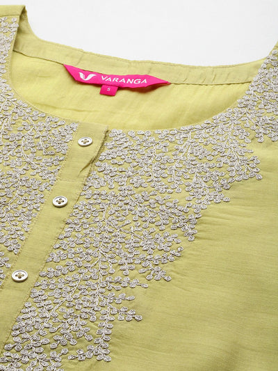 Indyancart VA Women'sFloral Embroidered Regular Chanderi Silk Kurta with Trousers & Dupatta