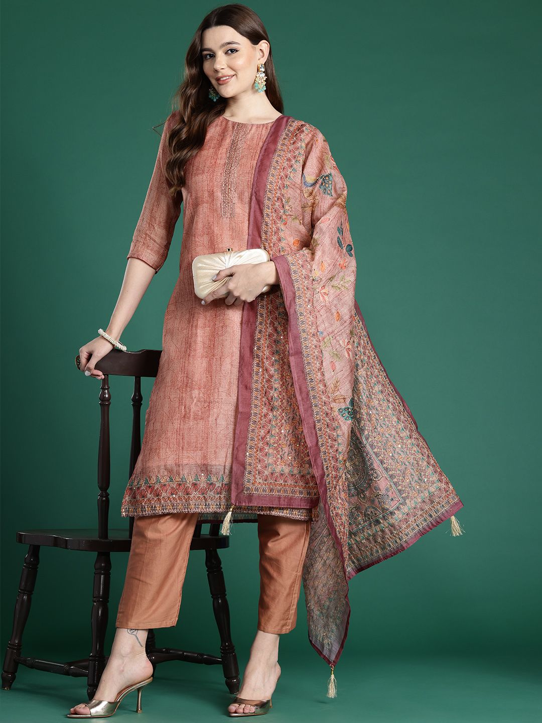 Indyancart IE Ethnic Motifs Printed Thread Work Chanderi Silk Kurta With Trousers & Dupatta