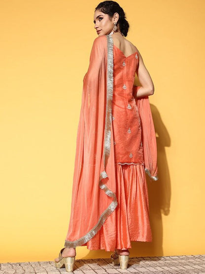 Indyancart VA Ethnic Motifs Embroidered Thread Work Kurta with Sharara & Dupatta