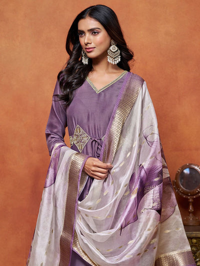 Indyancart SN Women's Purple Floral Embroidered Cotton Silk Anarkali Kurta With Trousers And Dupatta