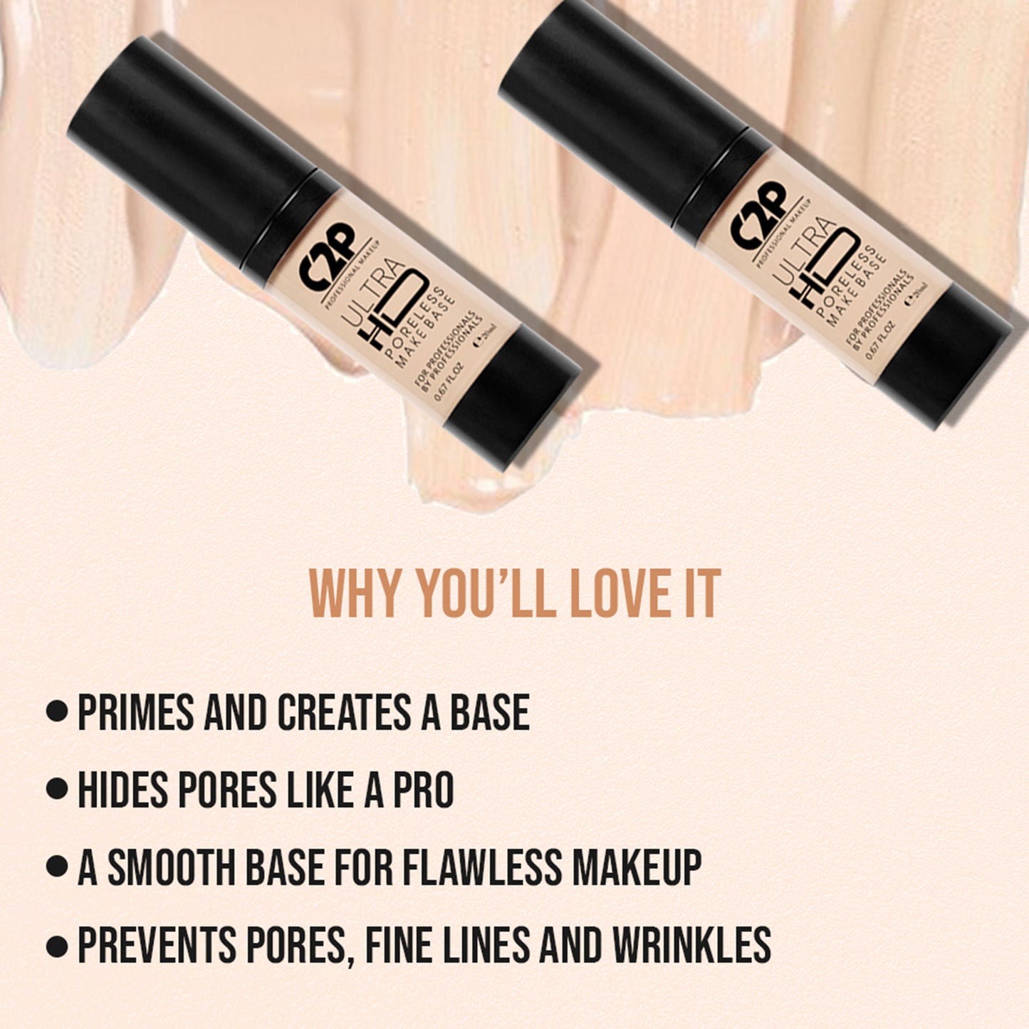 C2P Pro Ultra HD Poreless Peach Matte Highlighting Pre Base Primer Absorbs Oil and Hydrates Skin