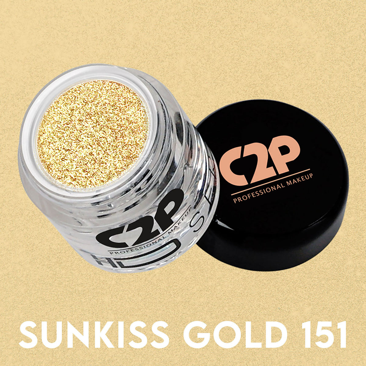 C2P Pro Sunkiss Gold 151 loose eye shadow pigment with shimmering gold finish for face and body, long-lasting and vibrant.