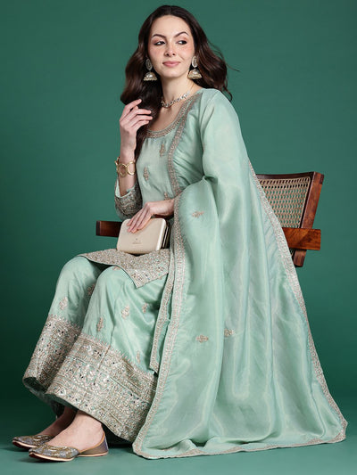 Indyancart IE Ethnic Motifs Embroidered Sequinned Kurta with Palazzos & With Dupatta