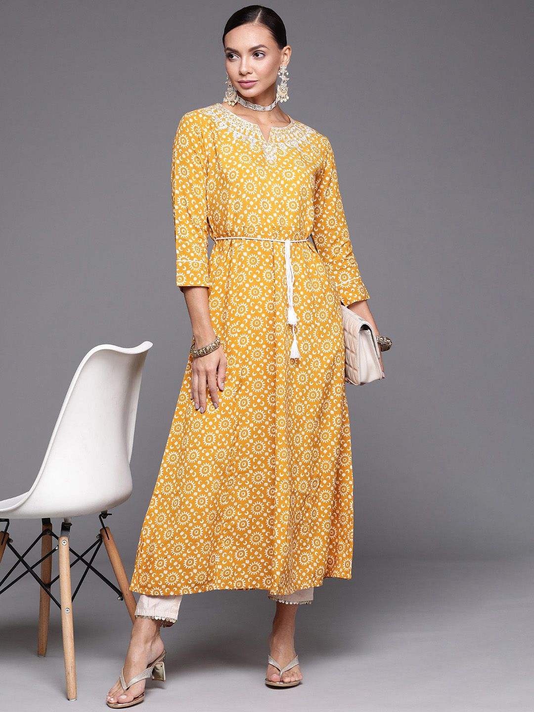 Indyancart IE Floral Printed Notch Neck A-Line Kurta