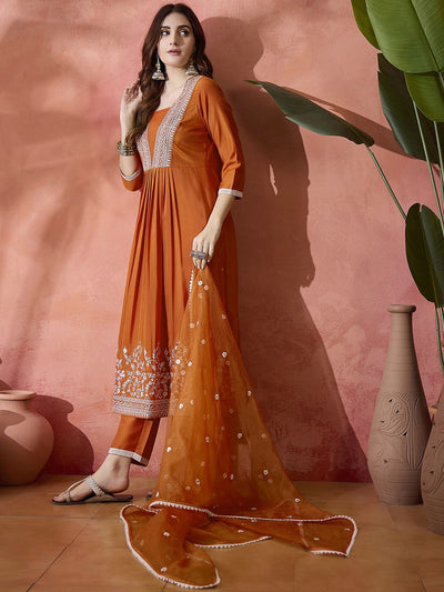 Indyancart SN Women's Orange Floral Embroidered Pleated Thread Work A-Line Kurta With Trouser & Dupatta