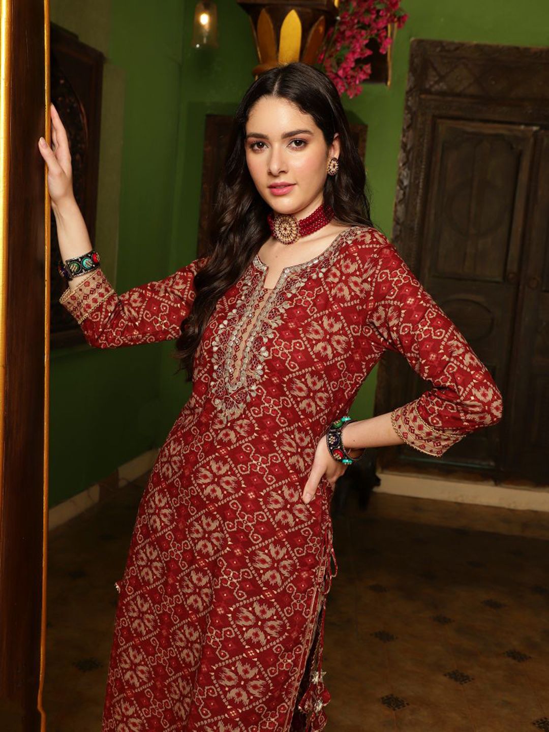 Indyancart SN Women's Printed Gotta Patti Pure Cotton Straight Kurta With Trouser & Dupatta