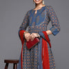 Indyancart VA Women's Blue Ethnic Motifs Printed Pure Cotton Kurta with Trousers & Dupatta