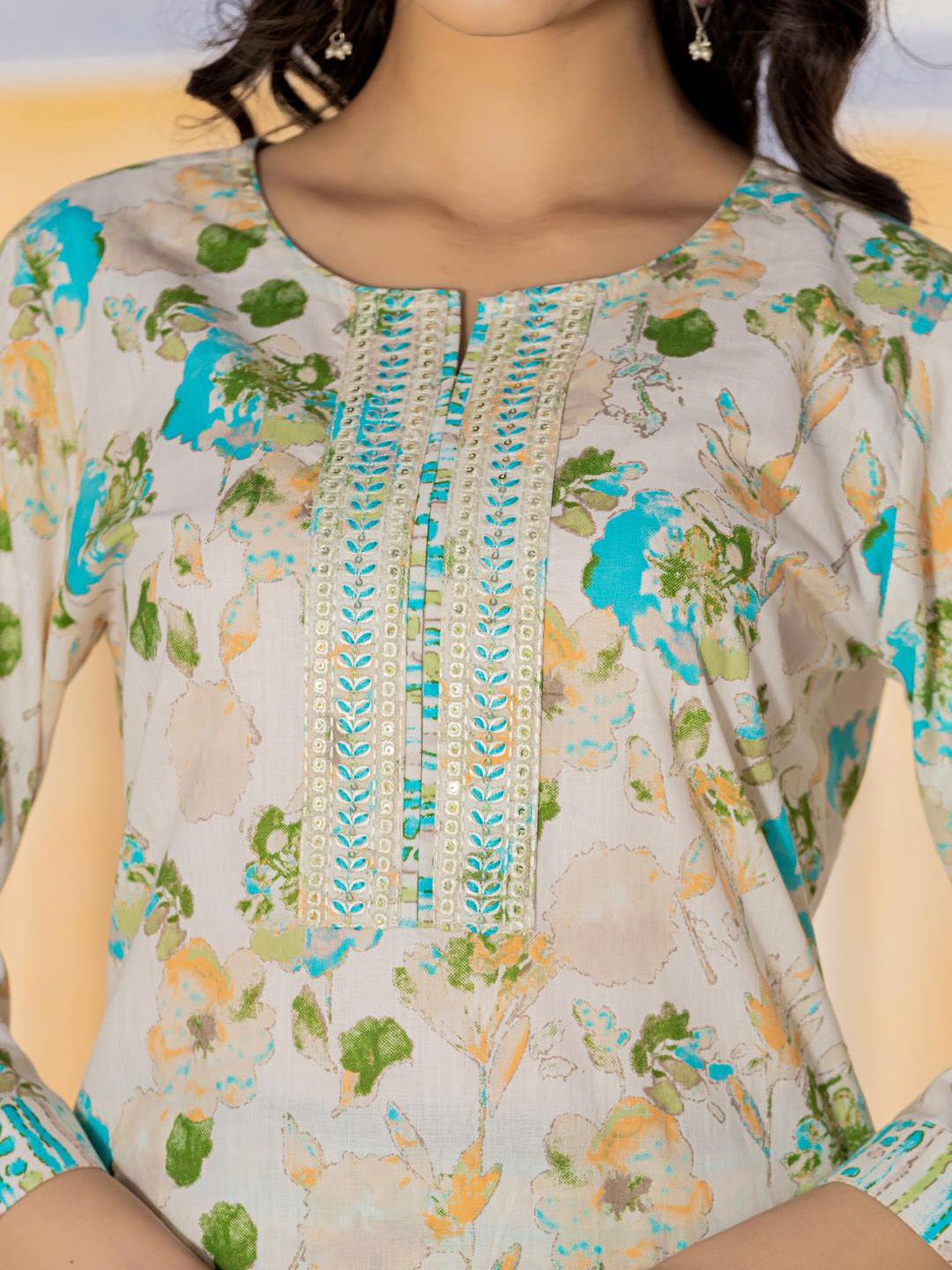 Indyancart VA Women'sFloral Printed Regular Beads and Stones Kurta with Trouser & Dupatta