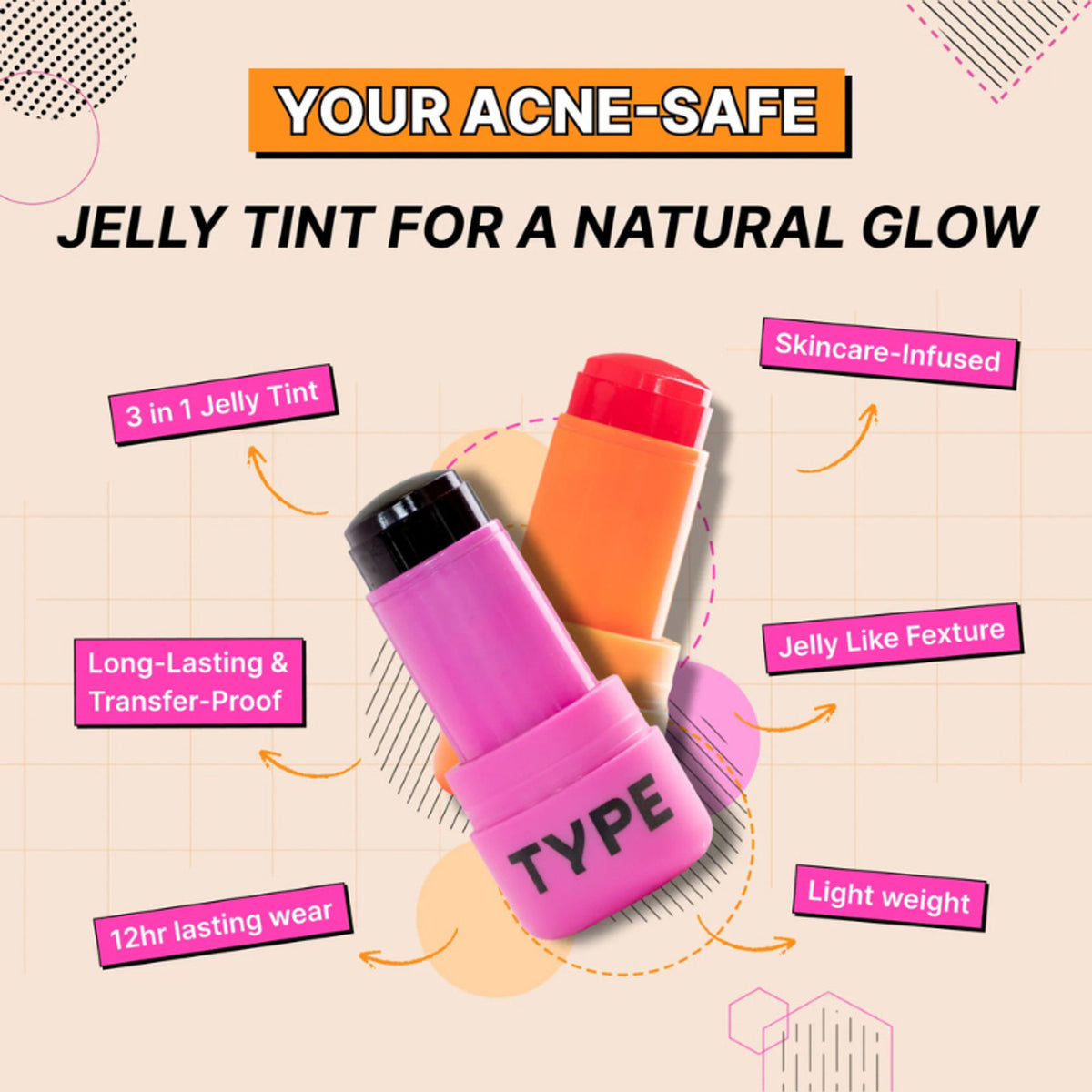 Type Beauty Get Even Hydra Jelly Tint with Vitamin C For Cheeks, Lips and Eyes - Mango Tango 86