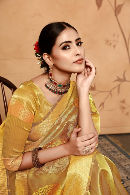 Dhiyona GR Women's Keri Olive Green Tissue Cotton Silk Saree