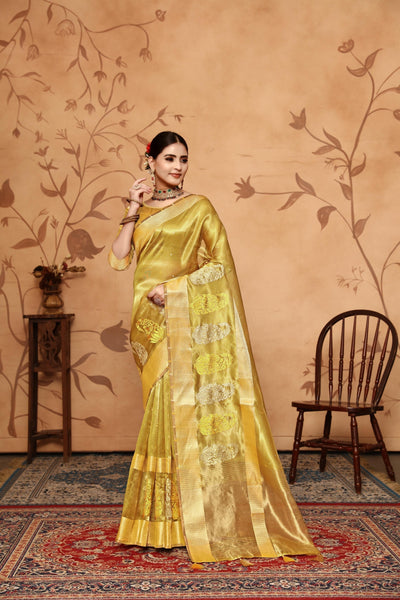 Indyancart GR Women's Keri Olive Green Tissue Cotton Silk Saree