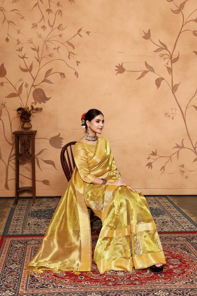 Indyancart GR Women's Keri Olive Green Tissue Cotton Silk Saree