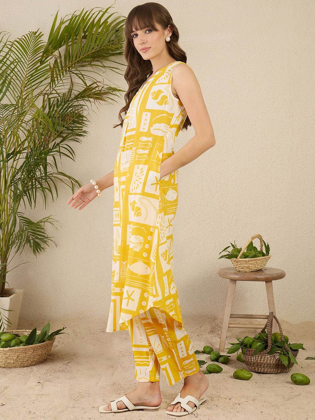 Dhiyona IE Printed Pure Cotton A-Line Tunic & Trousers Co-Ord Set