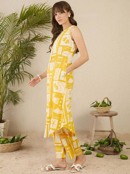Dhiyona IE Printed Pure Cotton A-Line Tunic & Trousers Co-Ord Set