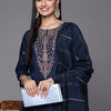 Dhiyona VA Women's Navy Blue & Golden Ethnic Motifs Embroidered Kurta with Trousers & Dupatta