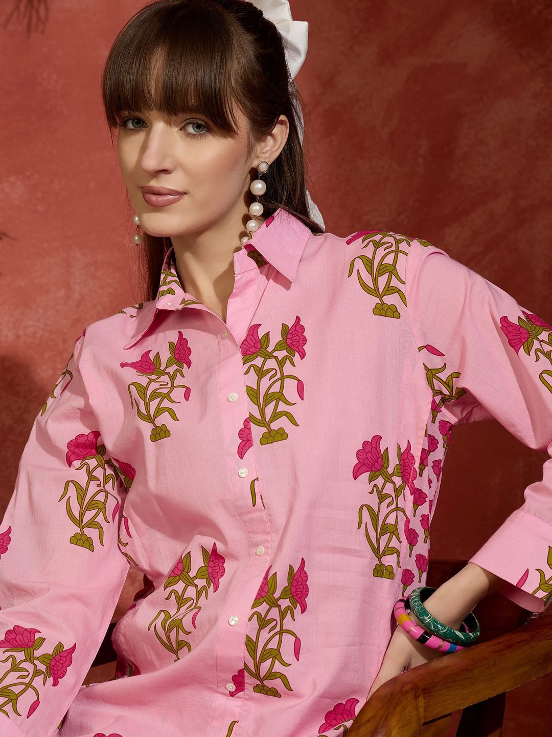Floral Printed Shirt Collar Pure Cotton Straight Kurta With Palazzos