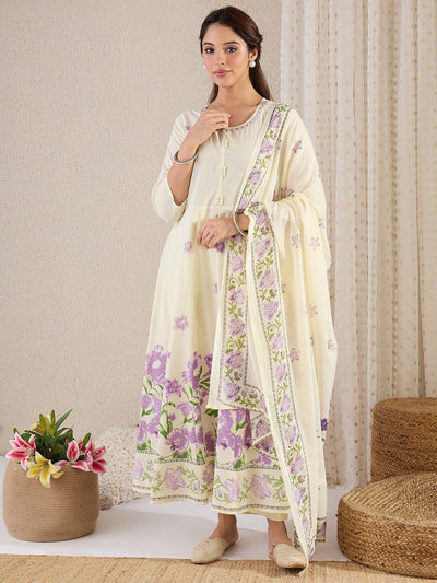 Indyancart IE Women Floral Printed Regular Beads and Stones Pure Cotton Kurta Set