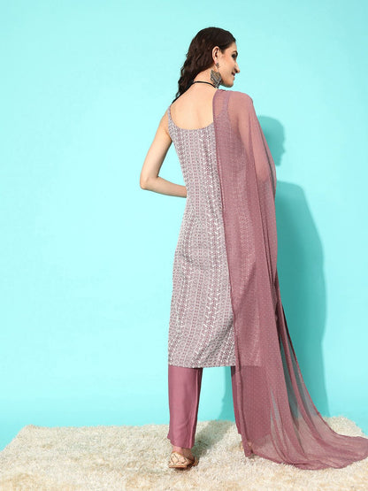 Indyancart VA Women's Mauve Ethnic Motifs Embroidered Regular Kurta with Trousers & With Dupatta
