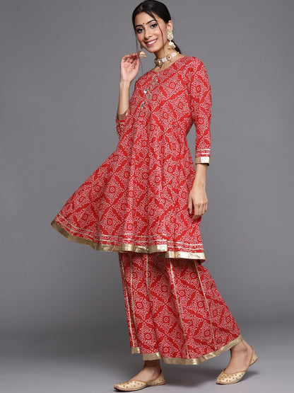 Indyancart VA Women's Red & White Bandhani Printed Anarkali Kurta with Sharara & With Dupatta