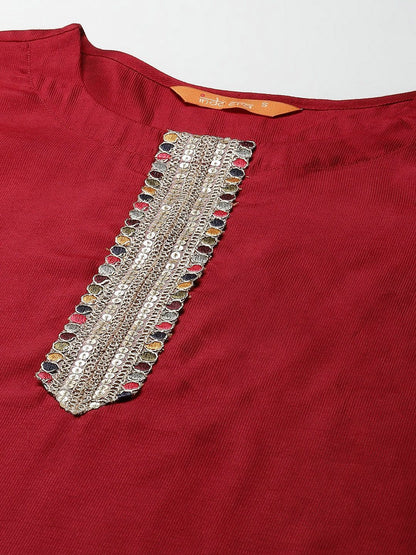 Indyancart IE Women Maroon Sequinned Liva Kurta with Palazzos & Dupatta