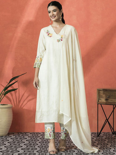 Indyancart SN Women's Floral Embroidered V-Neck Sequinned Cotton Straight Kurta With Trouser & Dupatta