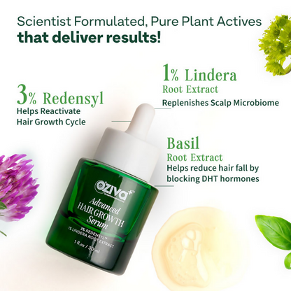 Oziva Advanced Hair Growth Serum bottle next to hair strands, designed to rebalance scalp microbiome and promote healthy hair growth.