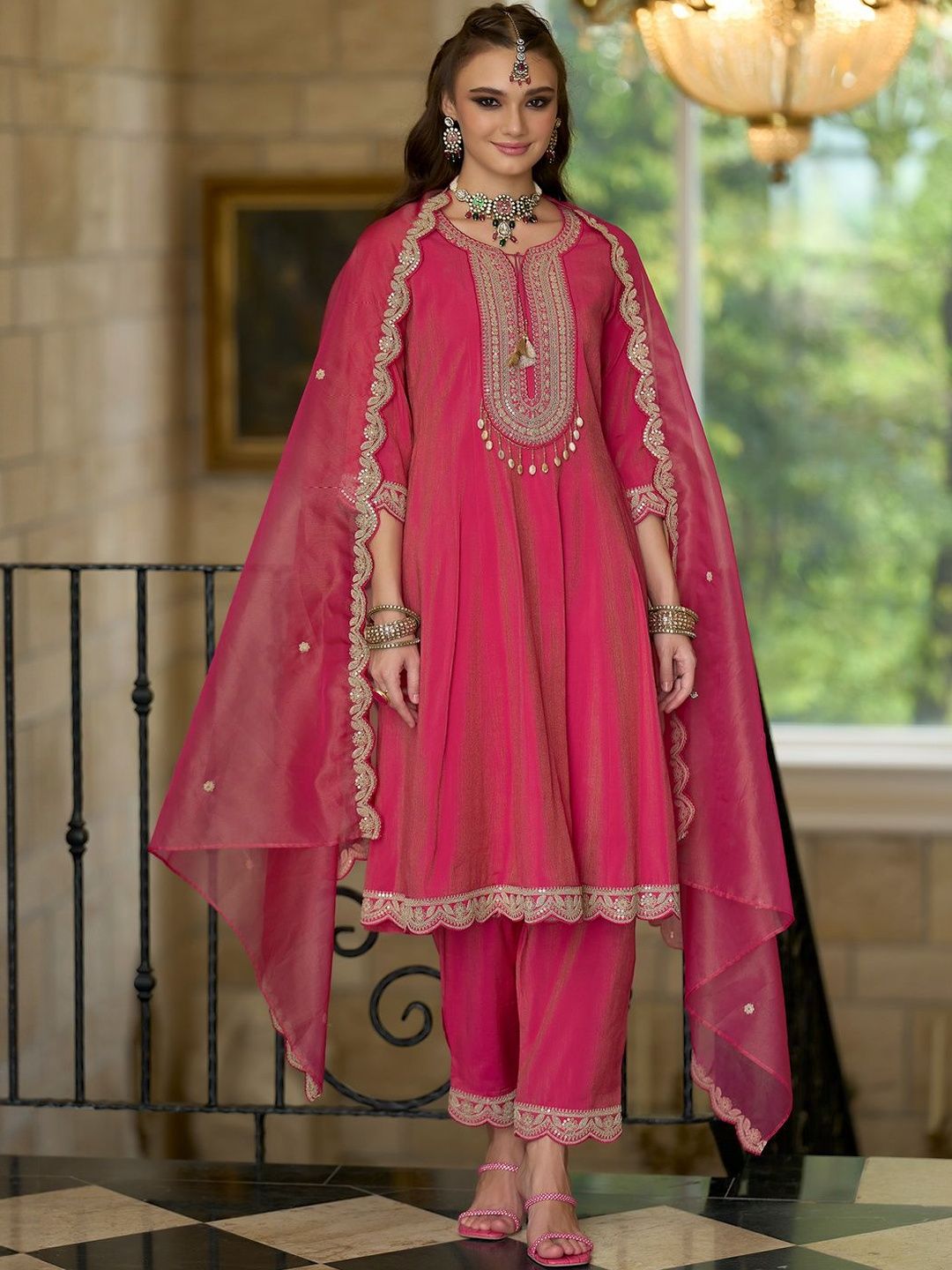 Ethnic Motifs Embroidered Notch Neck A-line Kurta With Trousers & Dupatta