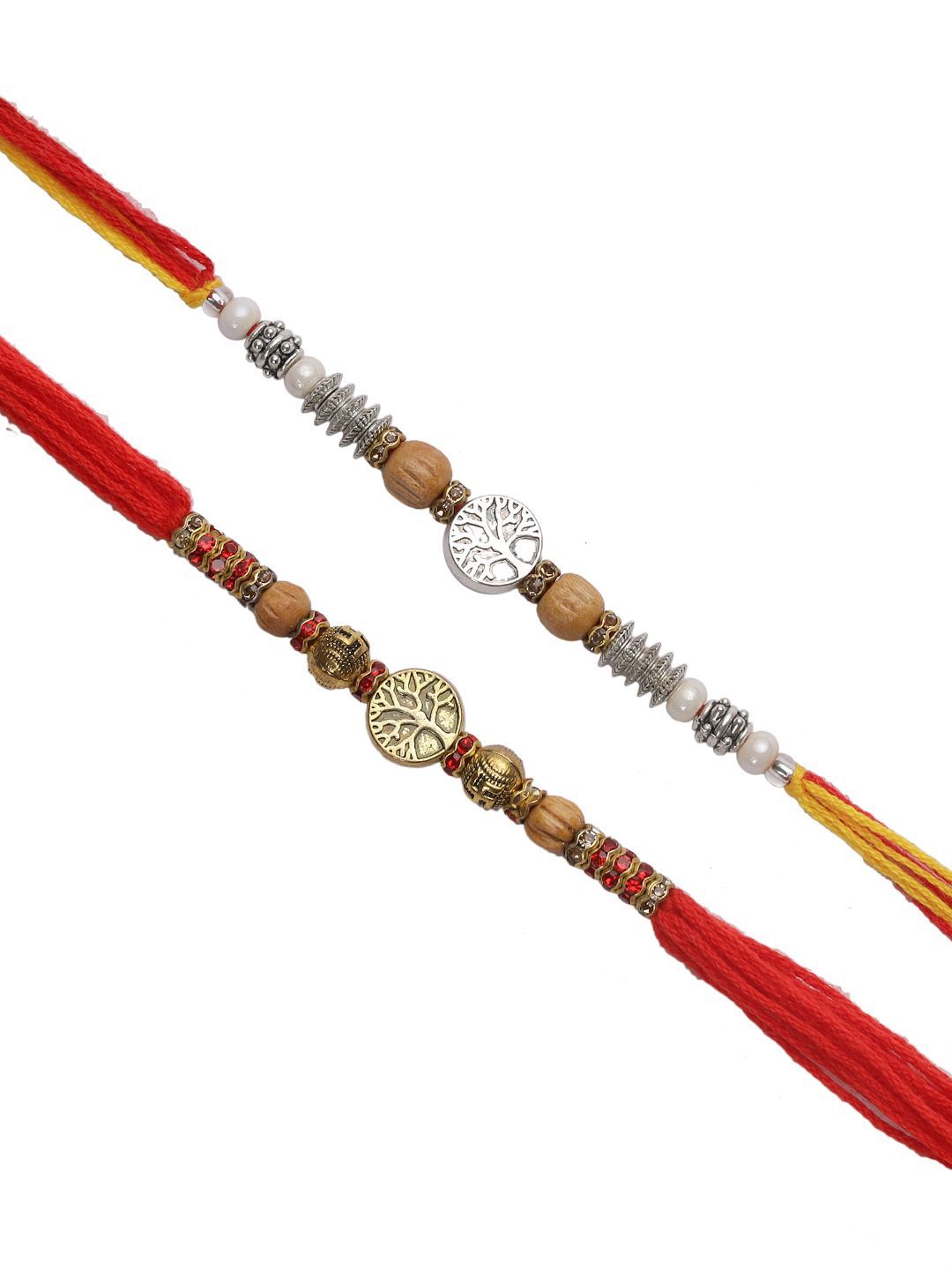 Anouk Red Set Of 2 Stone Studded & Beaded Rakhis With Roli Chawal & Greeting Card