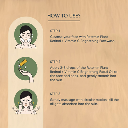 Lotus Herbals Retemin Plant Retinol and Vitamin C brightening facial oil in a glass bottle with dropper for skincare.