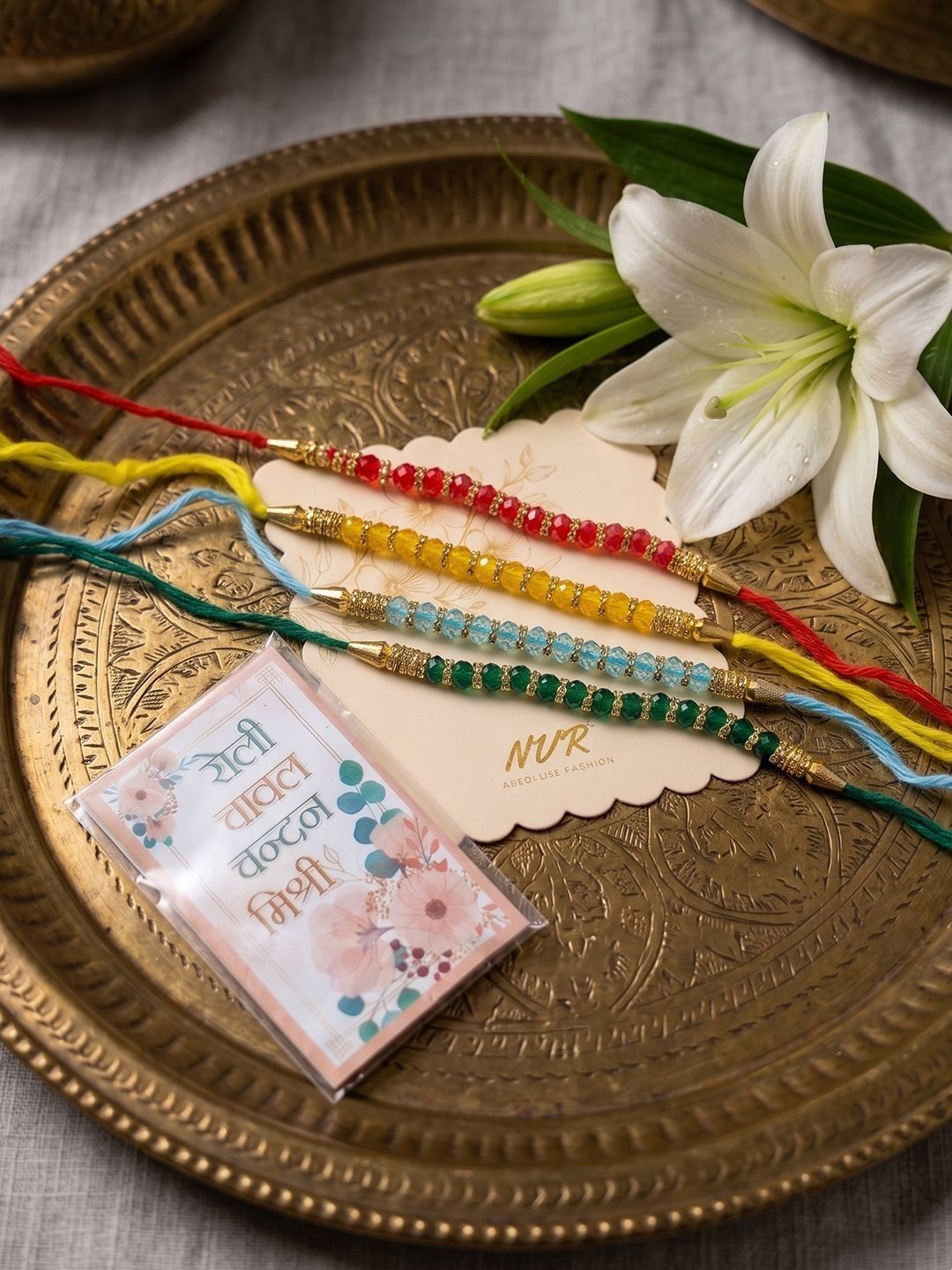 Anouk Set Of 4 Multicolor Artificial Beads Thread Rakhi With Roli Chawal Chandan Mishri