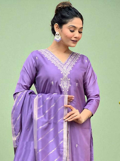 Indyancart SN Women's Floral Embroidered Cotton Kurta with Trousers & Dupatta