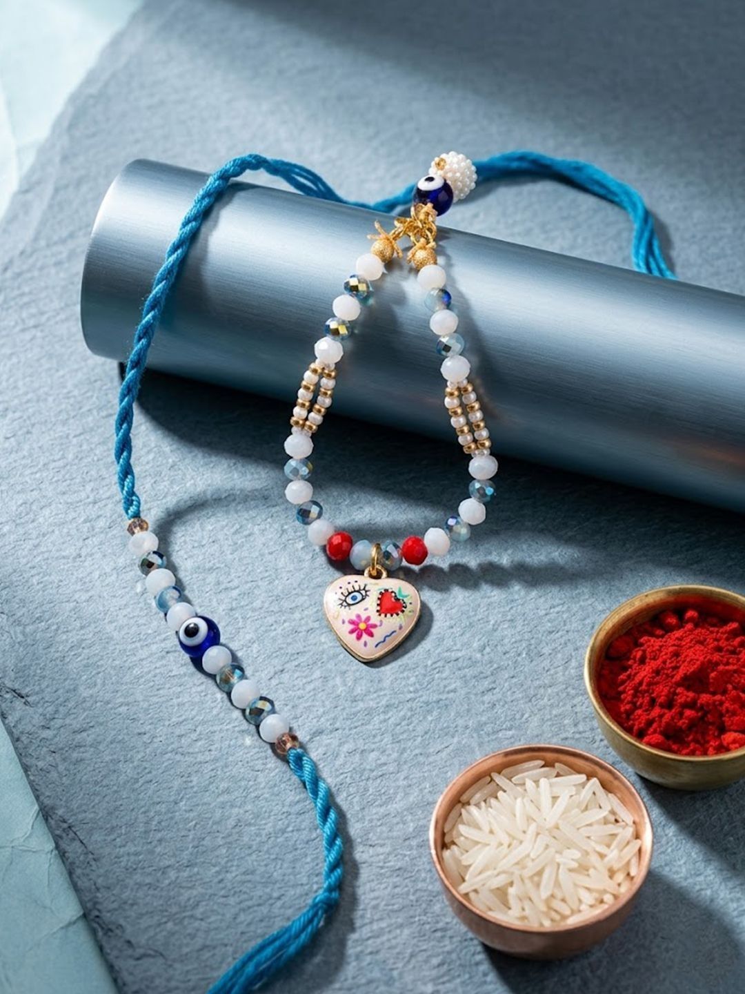Anouk Set Of 2 Evil Eye Beaded Gold Toned Bhaiya Bhabhi Rakhi With Roli Chawal Chandan