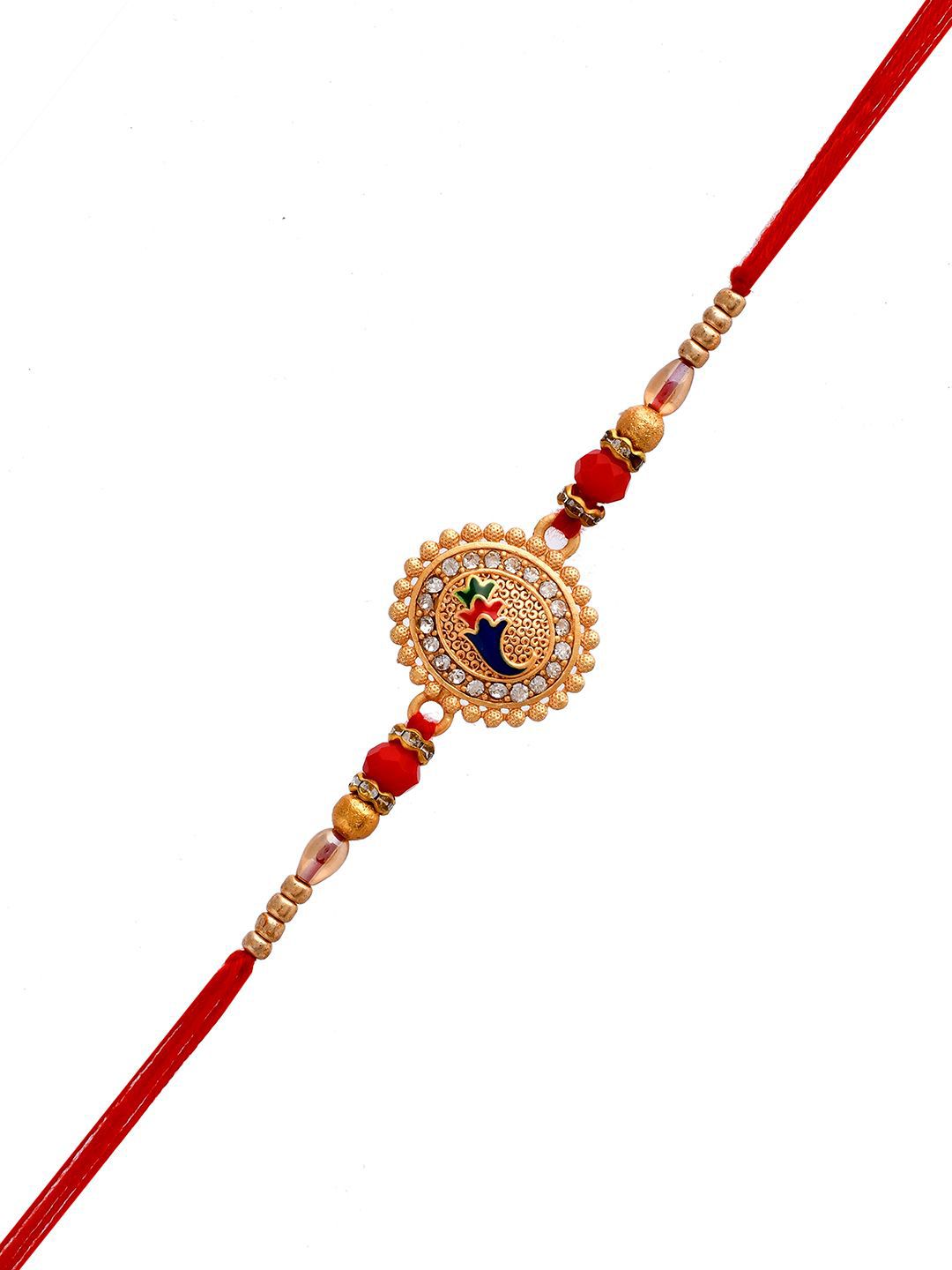 Anouk Gold-Toned Stone-Studded & Beaded Rakhi With Roli Chawal & Greeting Card