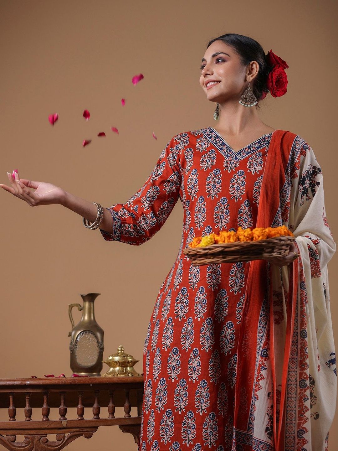 Ethnic Motifs Printed Regular Pure Cotton Kurta With Trouser And Dupatta
