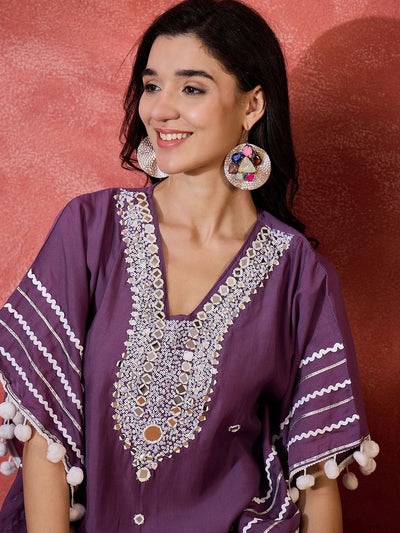 Indyancart SN Women's Floral Embroidered Square Neck Mirror Work Kaftan Kurta With Trousers