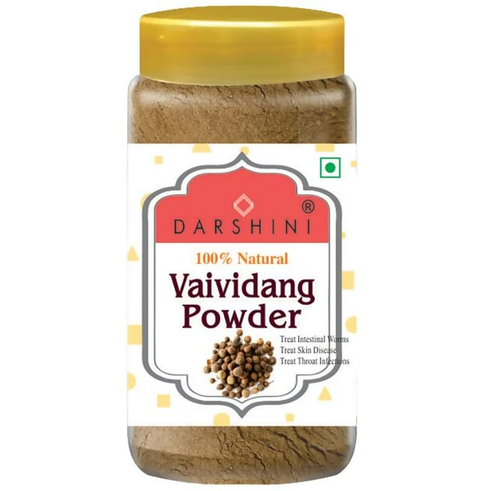 Darshini Vaividang Embelica Ribes powder in a glass jar, showing the aromatic, fine herbal Ayurvedic powder for traditional wellness.