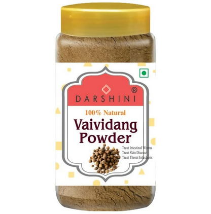 Darshini Vaividang Embelica Ribes powder in a glass jar, showing the aromatic, fine herbal Ayurvedic powder for traditional wellness.
