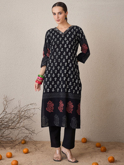 Dhiyona IE Floral Printed V-Neck Pure Cotton Straight Kurta With Trouser & Dupatta