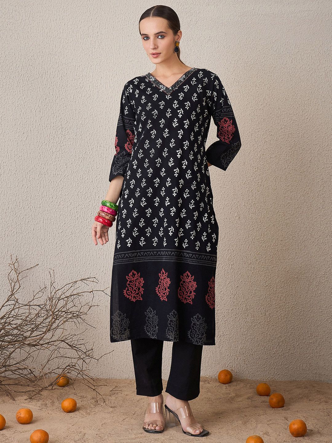 Floral Printed V-Neck Pure Cotton Straight Kurta With Trouser & Dupatta