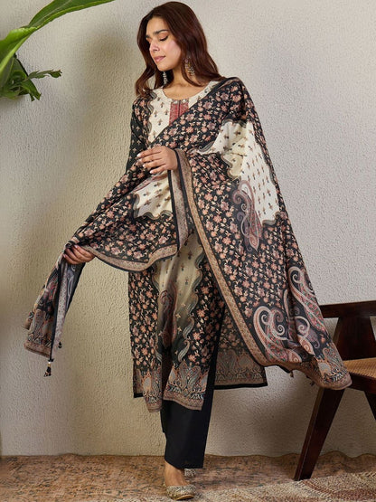 Ethnic Motifs Printed Round Neck Thread Work Pure Cotton Kurta Trousers & Dupatta