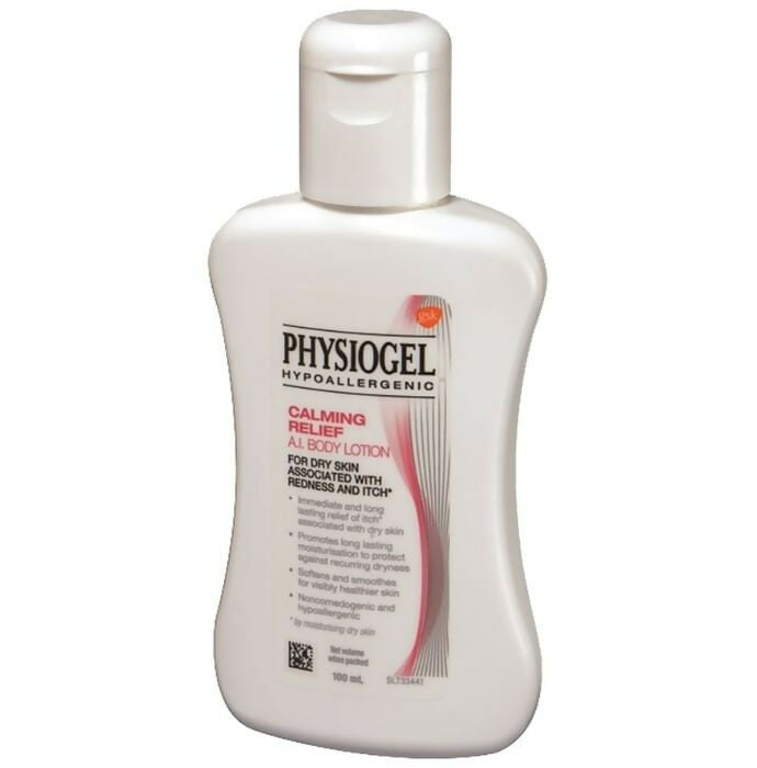 Physiogel Calming Relief A.I Body Lotion bottle with pump dispenser, designed for sensitive skin moisturizing and soothing relief.