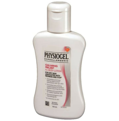 Physiogel Calming Relief A.I Body Lotion bottle with pump dispenser, designed for sensitive skin moisturizing and soothing relief.