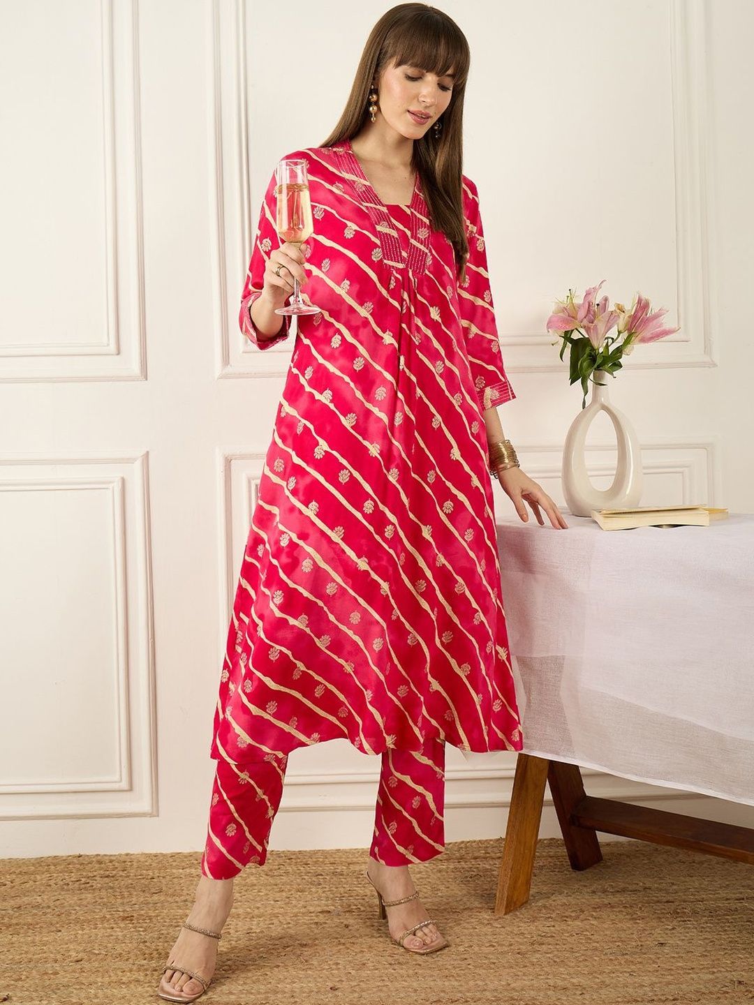 Floral Printed Thread Work Pure Cotton Kurta With Palazzos